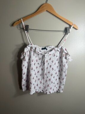 American Eagle Smocked Floral Cami Top White Pink Tie Front XL